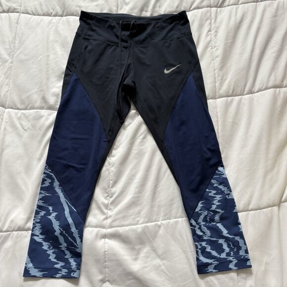 Nike Womens Running Capri Cropped Pants Leggings Black Blue Drawstring - Picture 1 of 9